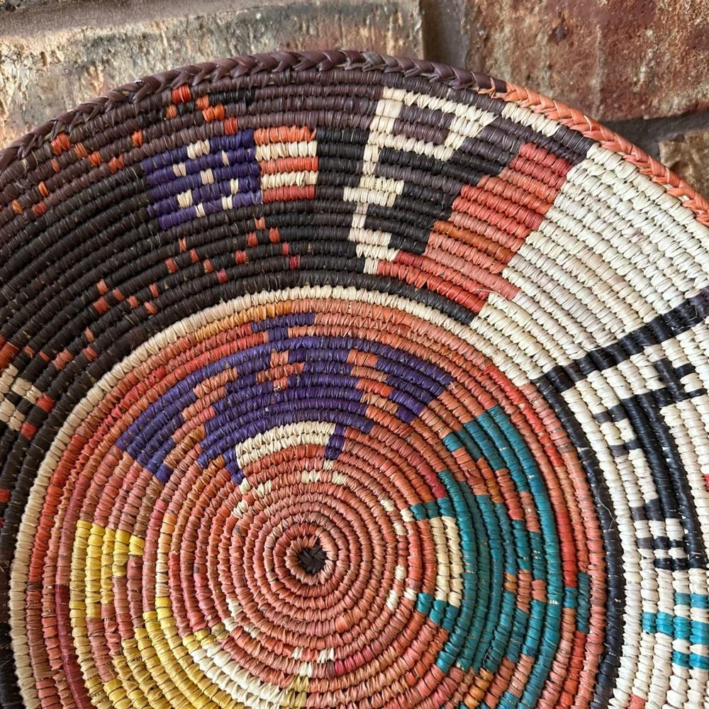 Vintage Southwestern Woven Coil Basket Wall Decor Tray 14 Inch Multicolor
